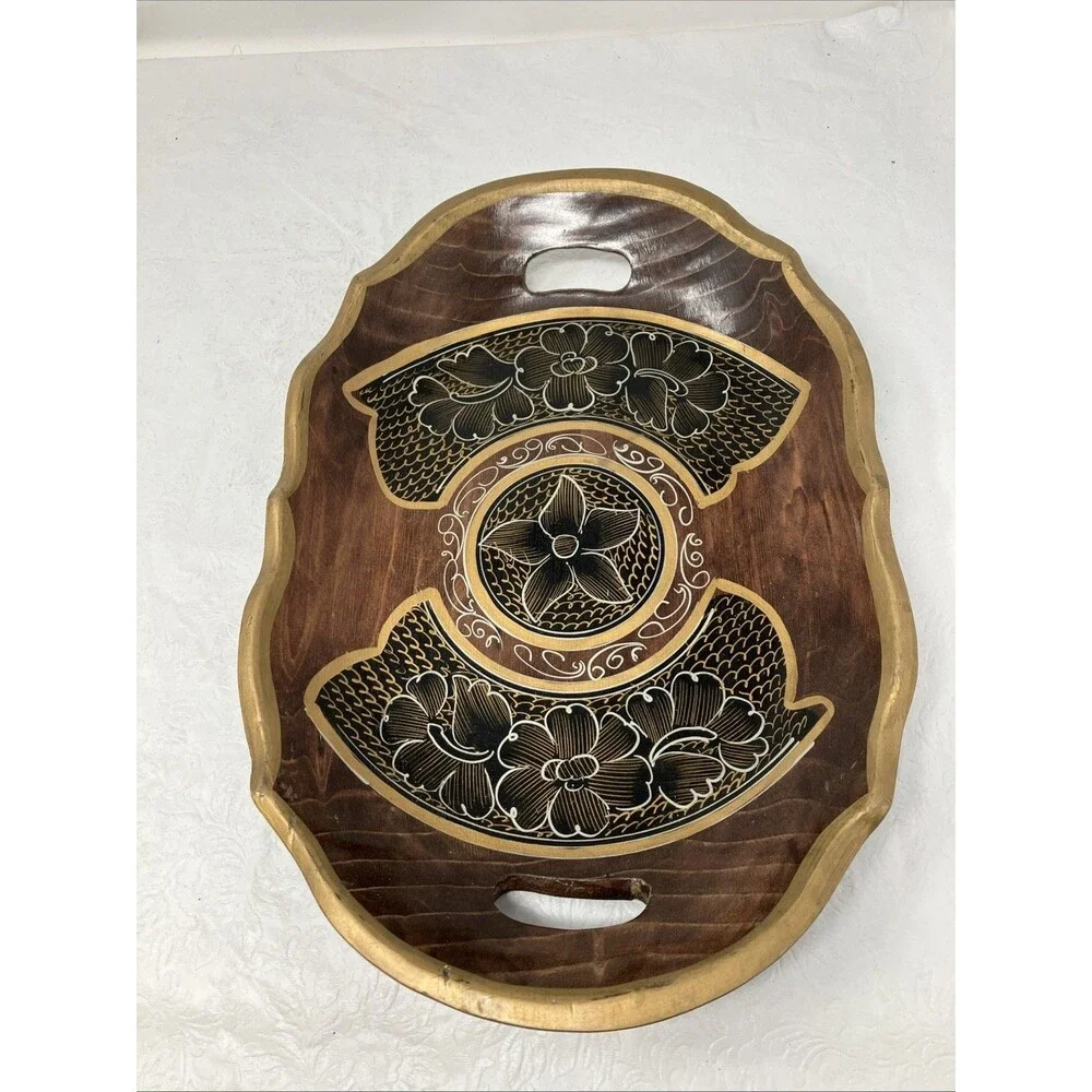 Vintage Hand-Painted Wooden Serving Tray Platter 14